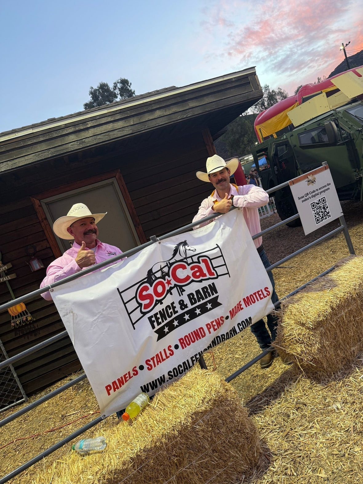 SoCal Fence and Barn heavy-duty corral panels with company banners set up at the San Bernardino County Sheriff's Rodeo arena in Glen Helen