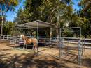 A horse stands under a 12x24 horse stall kit with a 12x12 cover on it.