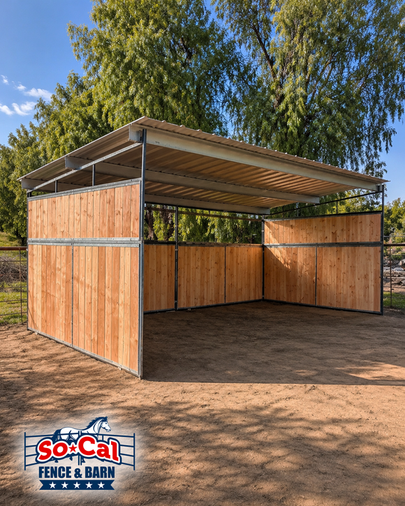 wooden loafing shed kit installed on a horse ranch
