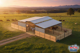 Mare Motel with (4) 12x24 Stalls and 12ft Breezeway 5-Rail WOOD INSERTABLE + PBR SIDING - 0