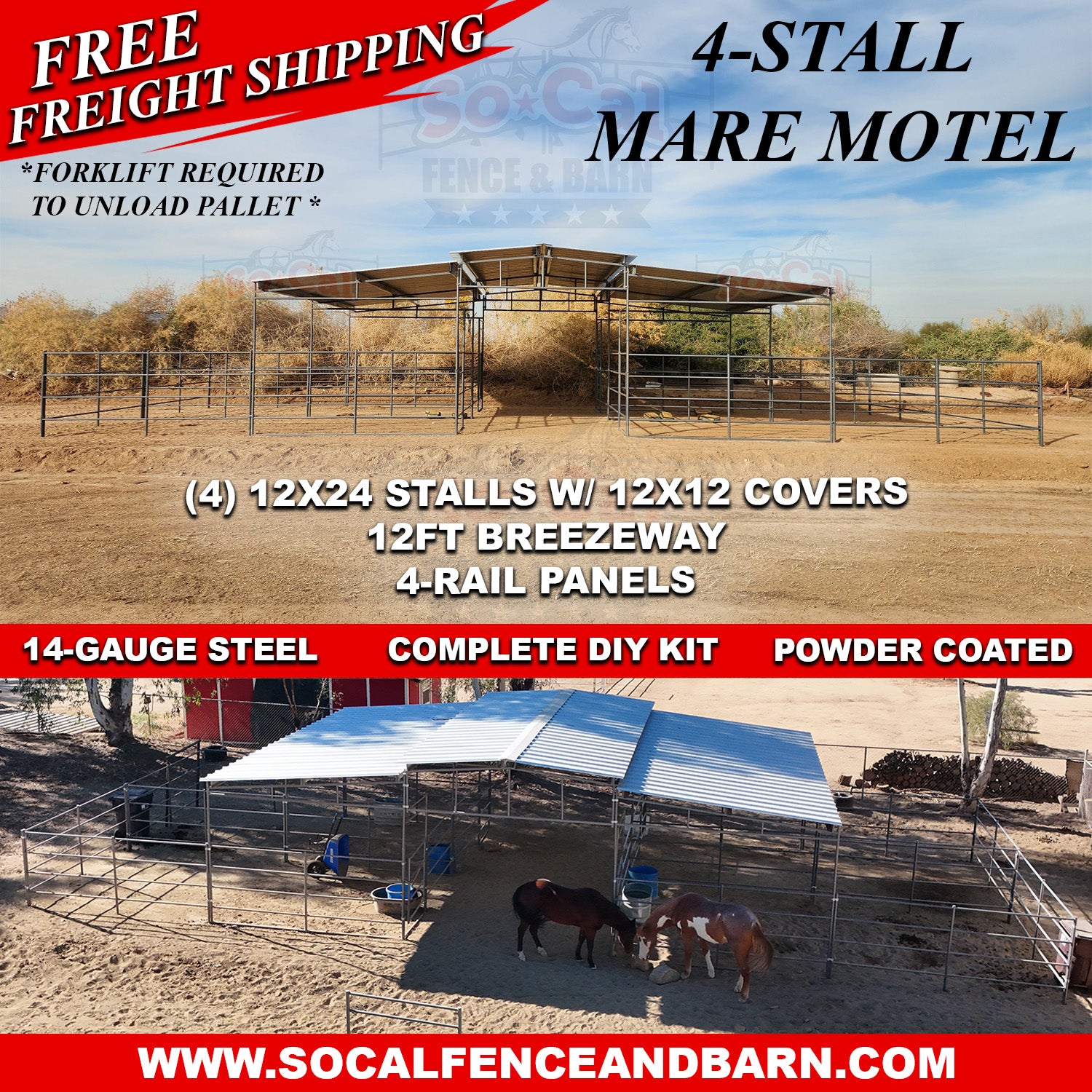 Mare Motel with (4) 12x24 Stalls and 12ft Breezeway 4-Rail *FREIGHT SHIPPING ONLY* - 0