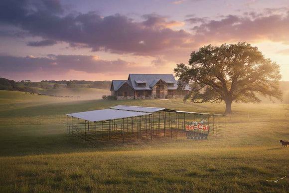 Mare Motel with (8) 12x24 Stalls *FULLY COVERED* and 12ft Breezeway 4-Rail