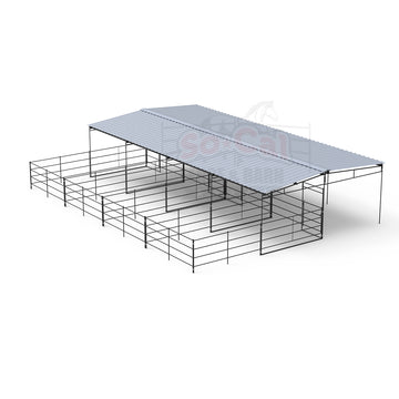 Mare Motel Shed Row with 12x24 Stalls with 12x12 Covers & 12ft Breezeway 4-Rail *BARE METAL RUSTIC*