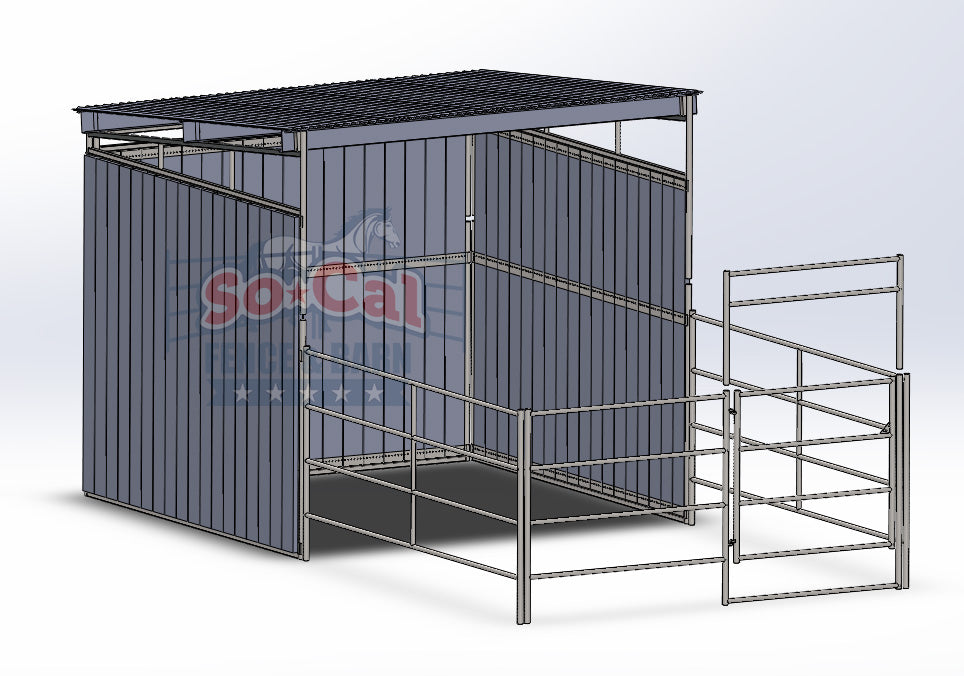 3-Sided Enclosed 12x24 Stall with 12x12 Sloped Shelter (4 Rail) 14 Gauge