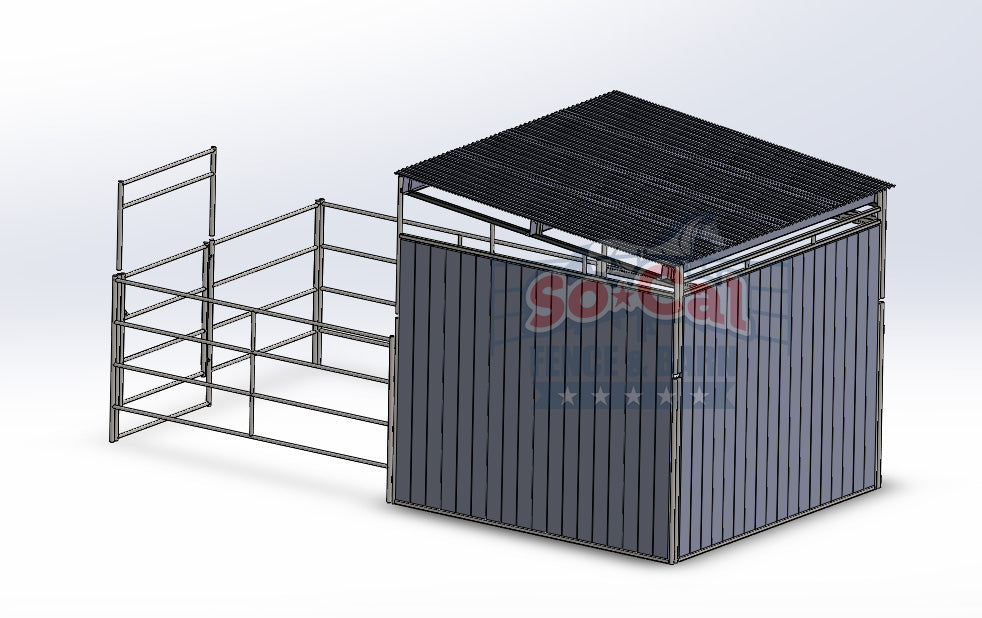 3-Sided Enclosed 12x24 Stall with 12x12 Sloped Shelter (4 Rail) 14 Gauge - 0