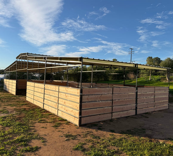 Mare Motel with 12x24 Stalls FULLY COVERED | WOOD PANEL CLAMPS | 5-Rail