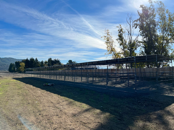 Mare Motel Shed Row with (4) 12x24 Stalls and 12ft Breezeway 4-Rail FULLY COVERED