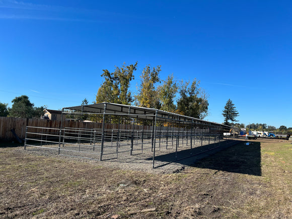Mare Motel Shed Row with (4) 12x24 Stalls and 12ft Breezeway 4-Rail FULLY COVERED