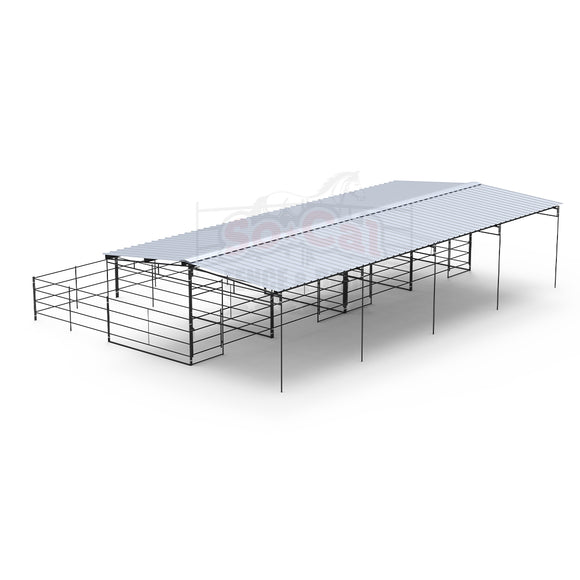 Mare Motel Shed Row with 12x24 Stalls with 12x12 Covers & 12ft Breezeway 4-Rail *BARE METAL RUSTIC*