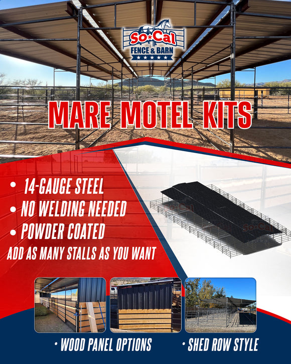 Mare Motel with (4) 12x12 Stalls and 12ft Breezeway 5-Rail (WOOD INSERTABLE PANELS)