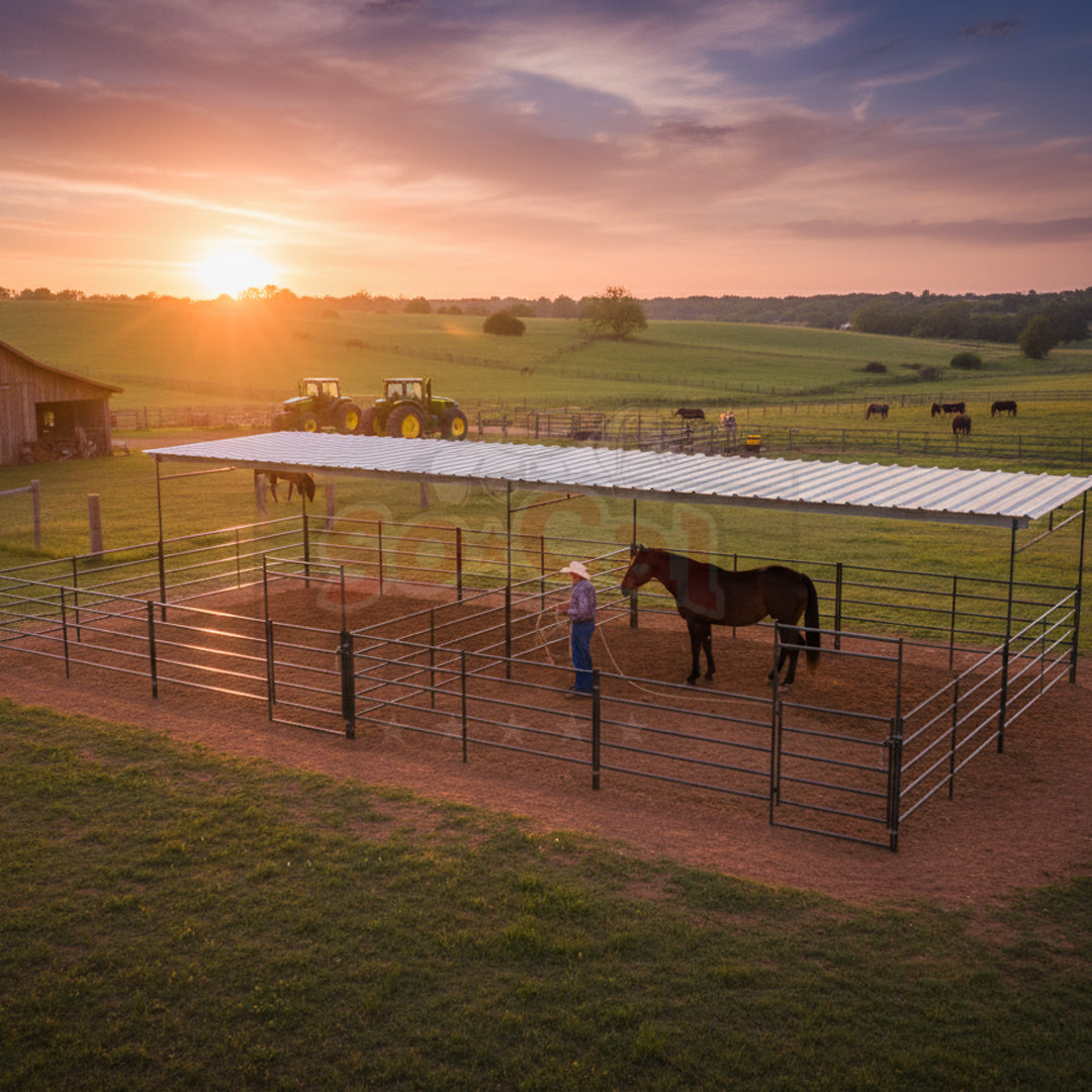 Two 24x24 Stalls 4-Rail Side-by-Side with Two 12x24 Covers - 0