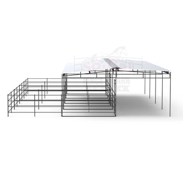 Mare Motel Shed Row with 12x24 Stalls with 12x12 Covers & 12ft Breezeway 4-Rail *BARE METAL RUSTIC* - 0