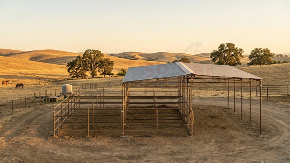 Mare Motel Shed Row with 12x24 Stalls with 12x12 Covers & 12ft Breezeway 4-Rail *BARE METAL RUSTIC*