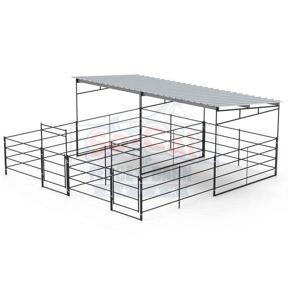 Two 12x24 Horse Stalls Side-by-Side with 12x12 Sloped Covers (4 Rail)