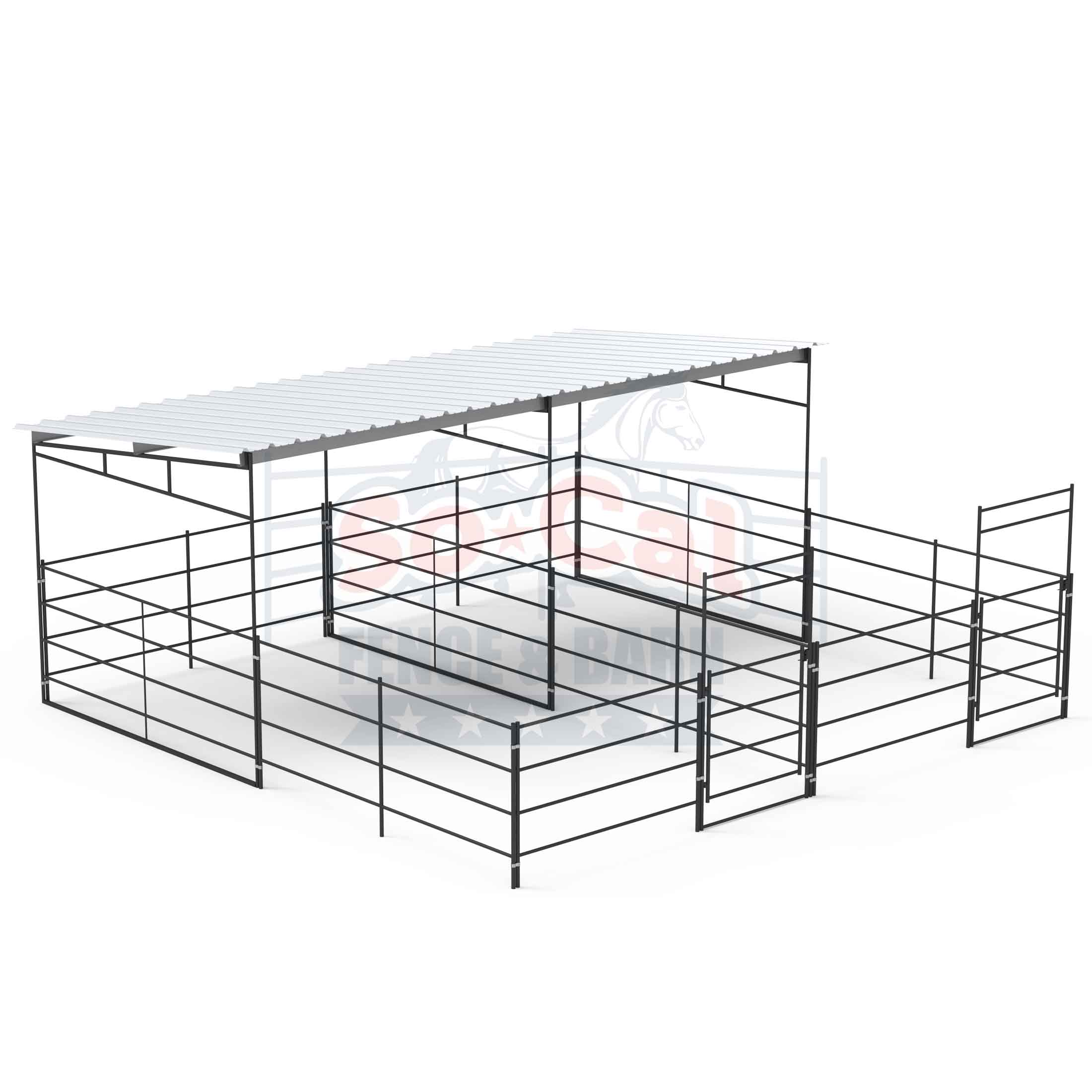 Two 12x24 Horse Stalls Side-by-Side with 12x12 Sloped Covers (4 Rail) - 0