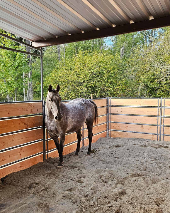 Mare Motel with (4) 12x24 Stalls FULLY COVERED and 12ft Breezeway 5-Rail +WOOD INSERTABLE CLAMPS