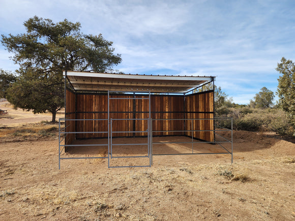 24x24 Stall with 12x24 Loafing Shed (3 Walls) 4-Rail Wood Not included